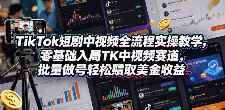 TikTok短剧中视频全流程实操教学，零基础入局TK中视频赛道，批量做号轻松賺取美金收益-项目资源网