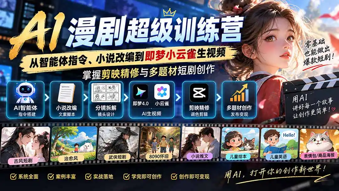 AI漫剧超级特训营：从智能体指令、小说改编到即梦小云雀生视频，掌握剪映精修与多题材短剧创作-项目资源网