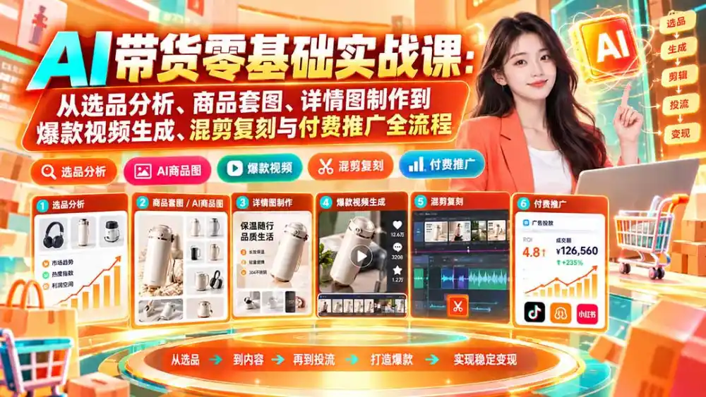 AI带货零基础实战课:从选品分析、商品套图、详情图制作到爆款视频生成、混剪复刻与付费推广全流程-项目资源网