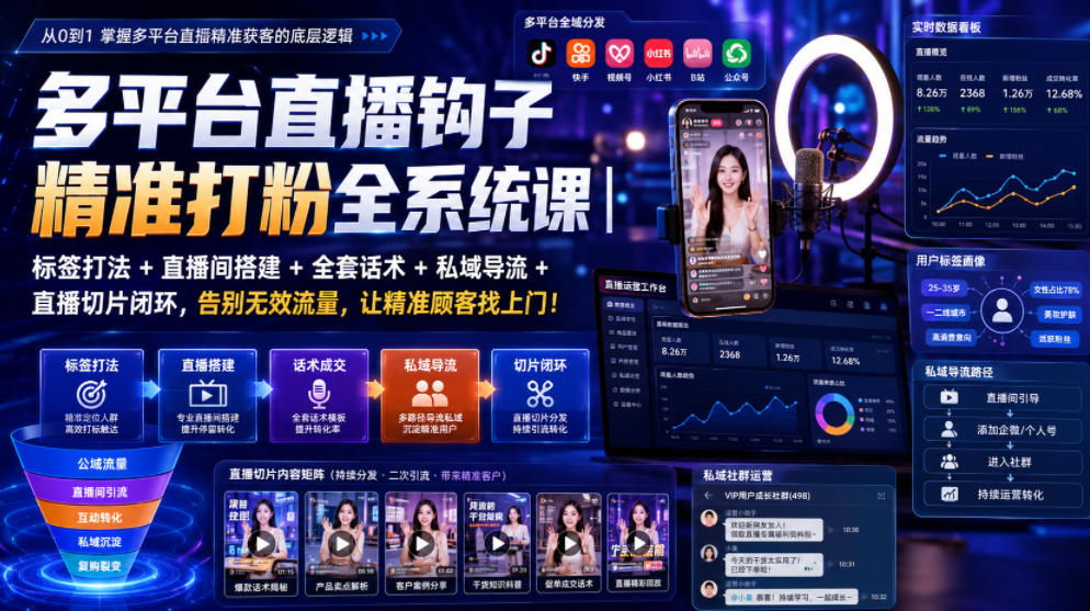 多平台直播钩子精准打粉全系统课|标签打法+直播间搭建+全套话术+私域导流+直播切片闭环,告别无效流量,让精准顾客找上门!-项目资源网