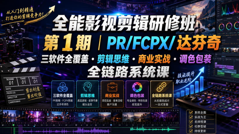 全能影视剪辑研修班第1期｜PR/FCPX/达芬奇三软件全覆盖・剪辑思维・商业实战・调色包装全链路系统课-项目资源网