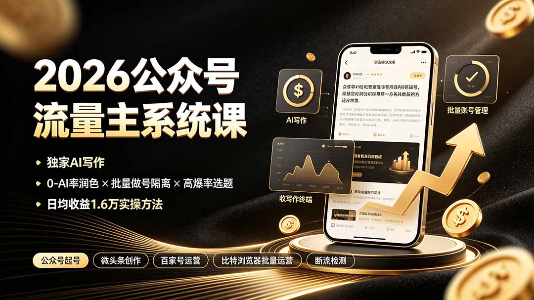 2026公众号流量主系统课：独家AI写作×0-AI率润色×批量做号隔离×高爆率选题，日均收益1.6万实操方法-项目资源网