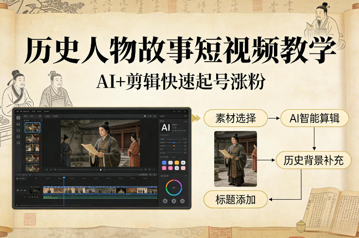 历史人物故事短视频教学，AI+剪辑制作历史人物题材短视频，快速起号涨粉-项目资源网