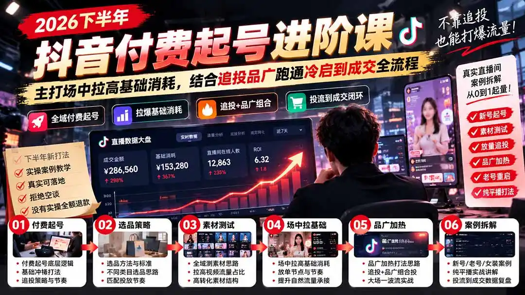 2026下半年抖音付费起号进阶课：主打场中拉高基础消耗，结合追投品广跑通冷启到成交全流程-项目资源网