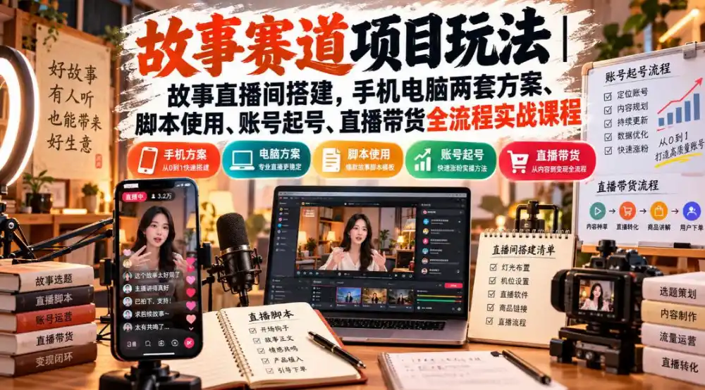 故事赛道项目玩法｜故事直播间搭建，手机电脑两套方案、脚本使用、账号起号、直播带货全流程实战课程-项目资源网