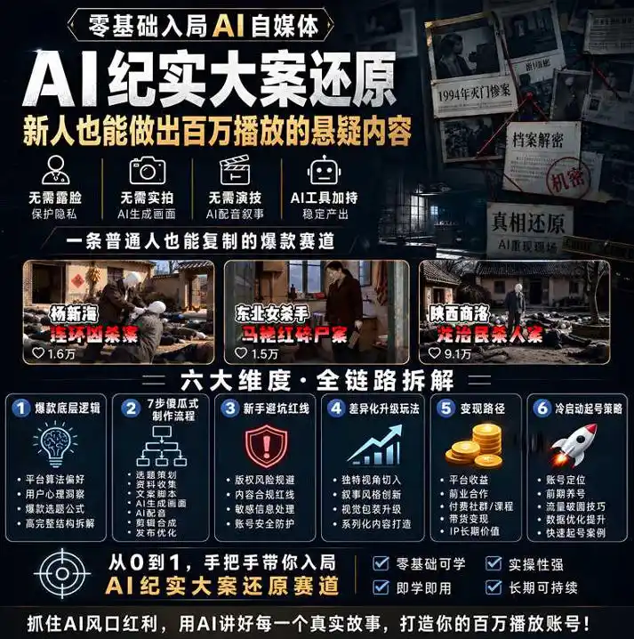 抖音8W粉丝博主的AI纪实大案还原教学,新人也能做出百W播放的悬疑内容,抓住AI风口红利,用AI讲好每一个真实故事(更新1014) 抖音8W粉丝博主的AI纪实大案还原教学,新人也能做出百W播放的悬疑内容,抓住AI风口红利,用AI讲好每一个真实故事(更新1014)