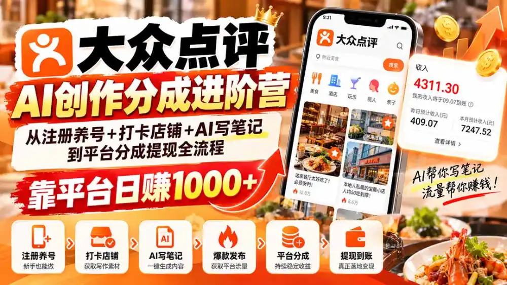 大众点评AI创作分成进阶营：从注册养号+打卡店铺+AI写笔记到平台分成提现全流程，靠平台日赚1000+-项目资源网