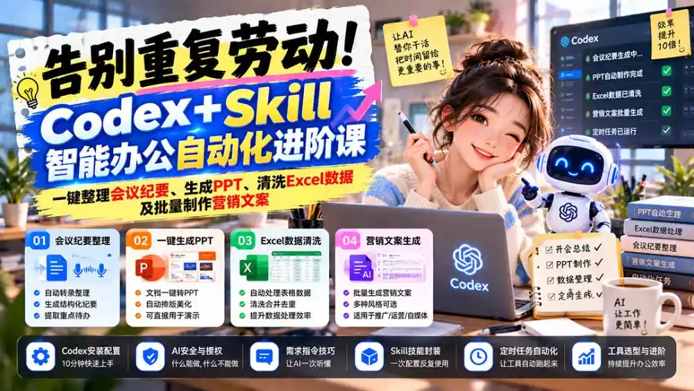 告别重复劳动!Codex+Skill智能办公自动化进阶课:一键整理会议纪要、生成PPT、清洗Excel数据及批量制作营销文案-项目资源网