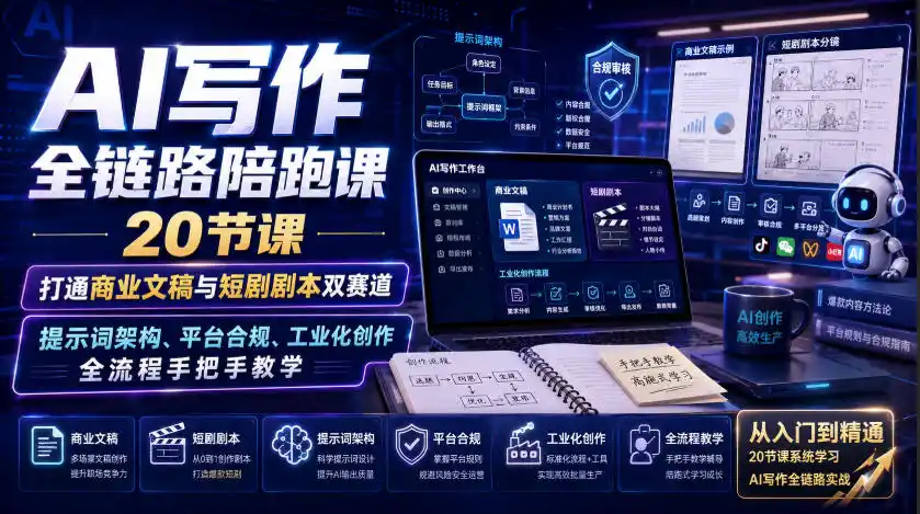 AI写作全链路陪跑课｜20节课打通商业文稿与短剧剧本双赛道，提示词架构、平台合规、工业化创作全流程手把手教学-项目资源网