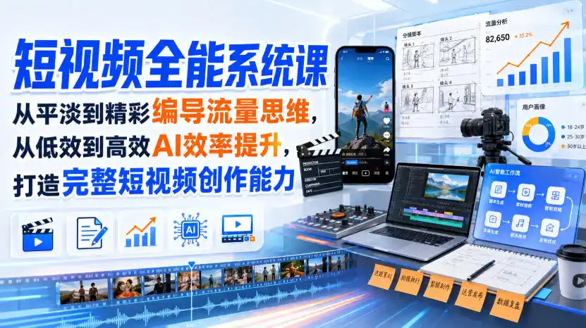 短视频全能系统课，从平淡到精彩编导流量思维，从低效到高效AI效率提升，打造完整短视频创作能力(2026年8月30更新233集)-项目资源网