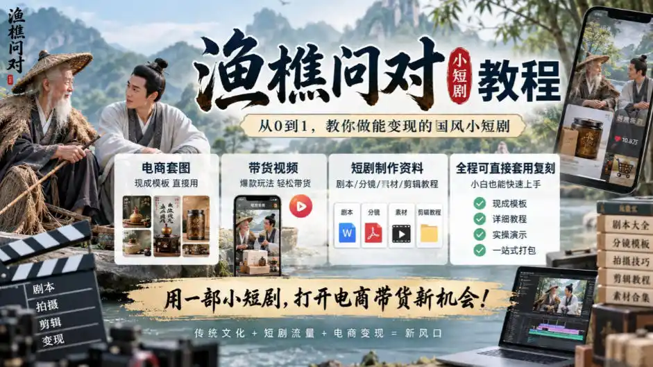 渔樵问对小短剧教程,包含电商套图、带货视频,短剧制作资料,全程可直接套用复刻-项目资源网