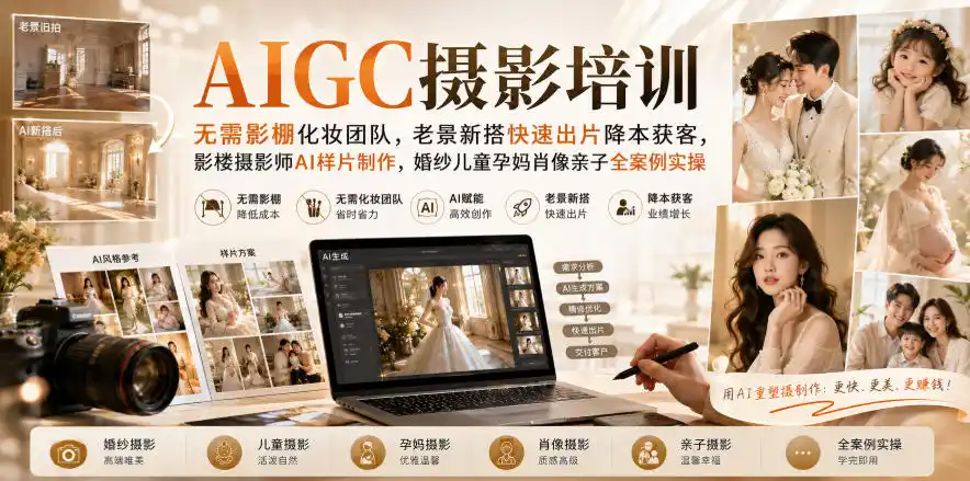 AIGC摄影培训｜无需影棚化妆团队，老景新搭快速出片降本获客，影楼摄影师AI样片制作，婚纱儿童孕妈肖像亲子全案例实操-项目资源网