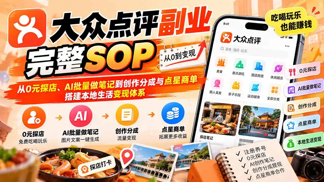 【无水印】大众点评副业完整SOP：从0元探店、AI批量做笔记到创作分成与点星商单，搭建本地生活变现体系-项目资源网