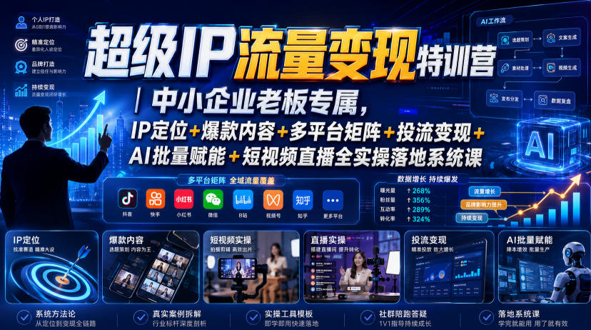 超级IP流量变现特训营｜中小企业老板专属，IP定位+爆款内容+多平台矩阵+投流变现+AI批量赋能+短视频直播全实操落地系统课-项目资源网
