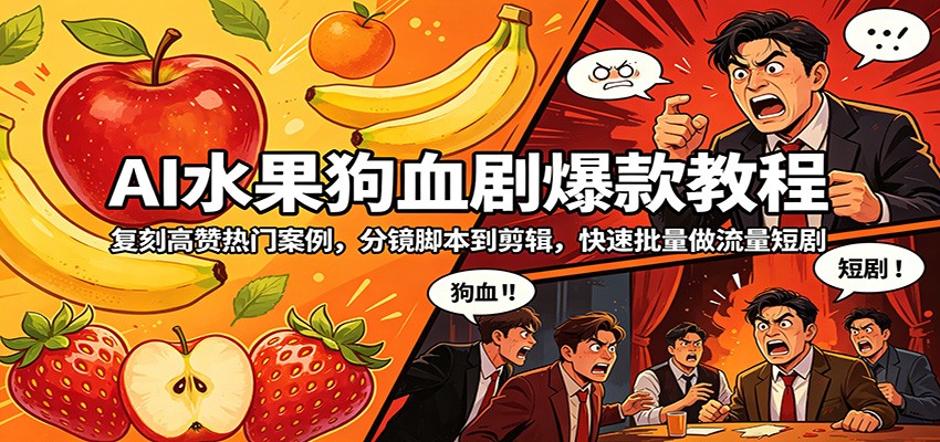 AI水果狗血剧爆款教程：复刻高赞热门案例，分镜脚本到剪辑，快速批量做流量短剧-项目资源网