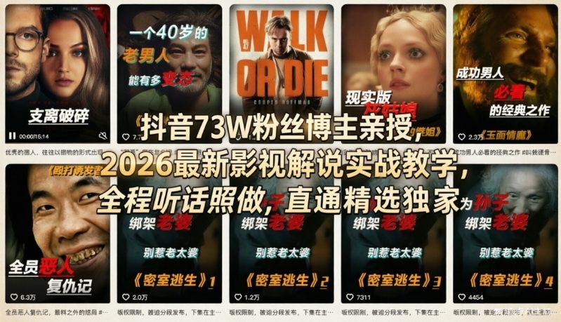 抖音73W粉丝博主亲授，2026最新影视解说实战教学，全程听话照做，直通精选独家-项目资源网