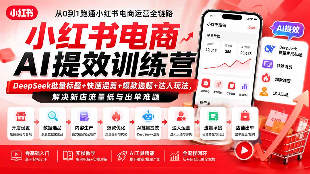 小红书电商AI提效训练营—DeepSeek批量标题+快速混剪+爆款选题+达人玩法,解决新店流量低与出单难题-项目资源网