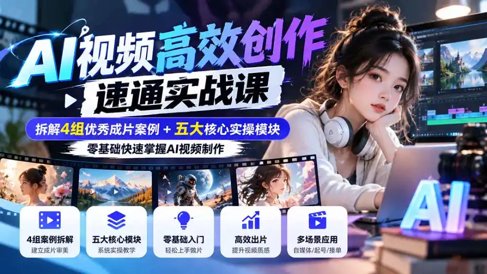 【无水印】AI视频高效创作速通实战课:拆解4组优秀成片案例+五大核心实操模块,零基础快速掌握AI视频制作-项目资源网