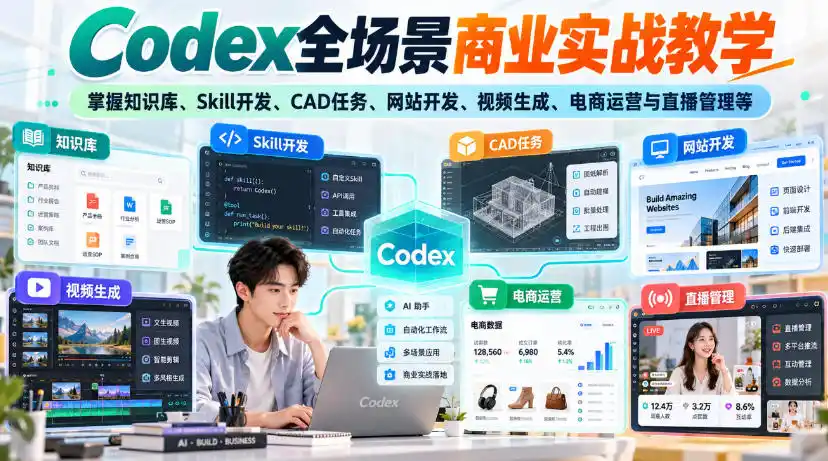 【无水印】Codex全场景商业实战教学，掌握知识库、Skill开发、CAD任务、网站开发、视频生成、电商运营与直播管理等-项目资源网