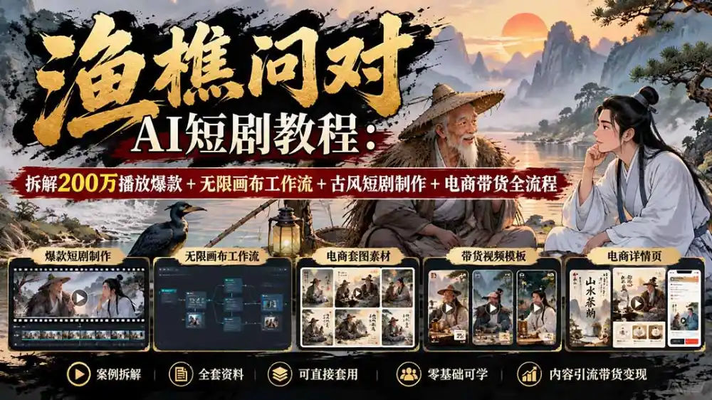 【无水印】渔樵问对AI短剧教程:拆解200万播放爆款+无限画布工作流+古风短剧制作+电商带货全流程-项目资源网