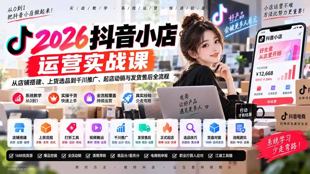 2026抖音小店运营实战课｜从店铺搭建、上货选品到千川推广、起店动销与发货售后全流程-项目资源网