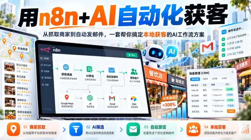 【无水印】用n8n+AI自动化获客，从抓取商家到自动发邮件，一套帮你搞定本地获客的AI工作流方案【原创双语字幕】-项目资源网