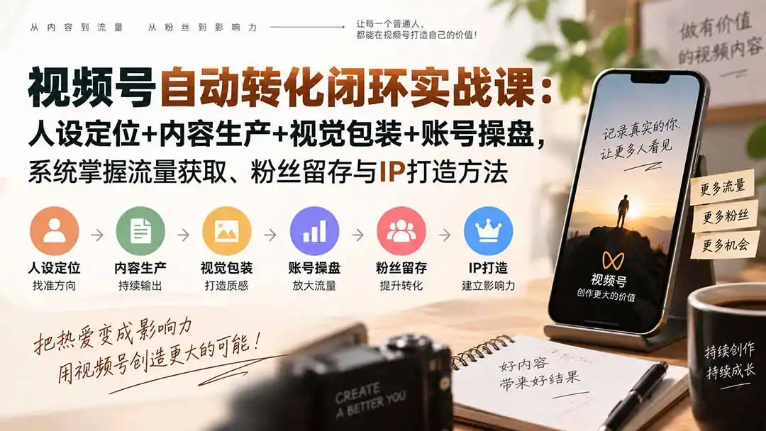 视频号自动转化闭环实战课：人设定位+内容生产+视觉包装+账号操盘，系统掌握流量获取、粉丝留存与IP打造方法-项目资源网