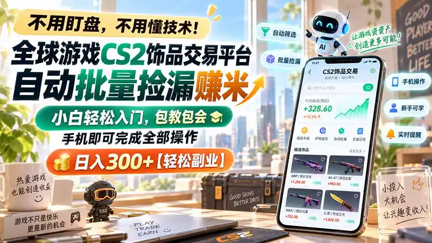 全球游戏CS2饰品交易平台自动批量捡漏赚米，小白轻松入门，包教包会，手机即可完成全部操作，日入300+【轻松副业】-项目资源网