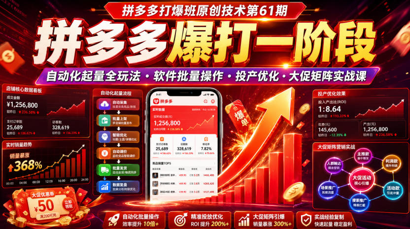 拼多多打爆班原创技术第61期,拼多多爆打一阶段,自动化起量全玩法・软件批量操作・投产优化・大促矩阵实战课-项目资源网