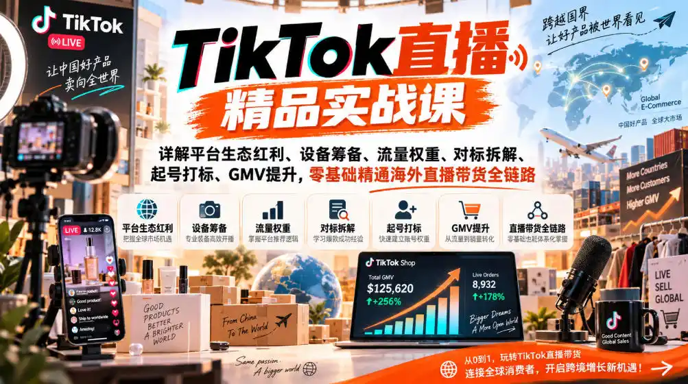 TikTok直播精品实战课，详解平台生态红利、设备筹备、流量权重、对标拆解、起号打标、GMV提升，零基础精通海外直播带货全链路-项目资源网