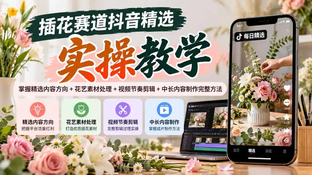 插花赛道抖音精选实操教学:掌握精选内容方向+花艺素材处理+视频节奏剪辑+中长内容制作完整方法-项目资源网