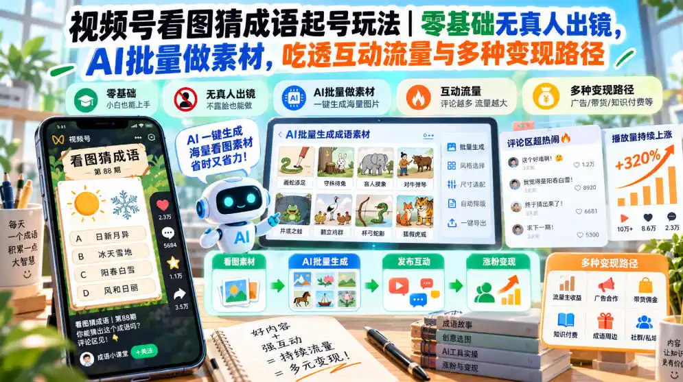 视频号看图猜成语起号玩法|零基础无真人出镜,AI批量做素材,吃透互动流量与多种变现路径 视频号看图猜成语起号玩法|零基础无真人出镜,AI批量做素材,吃透互动流量与多种变现路径