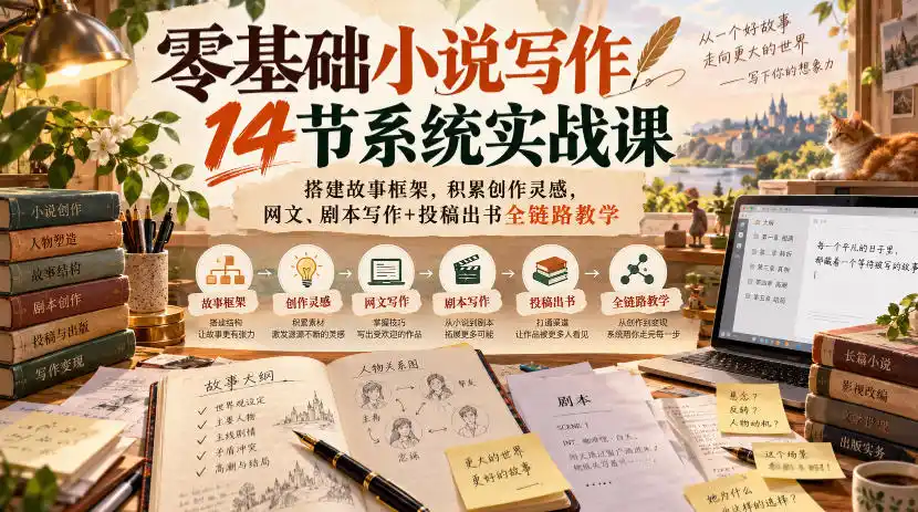 零基础小说写作14节系统实战课,搭建故事框架,积累创作灵感,网文、剧本写作+投稿出书全链路教学 零基础小说写作14节系统实战课,搭建故事框架,积累创作灵感,网文、剧本写作+投稿出书全链路教学