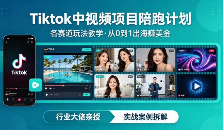 某大佬的Tiktok中视频项目陪跑，涵盖TK各个赛道玩法教学，从0到1出海賺美金-项目资源网
