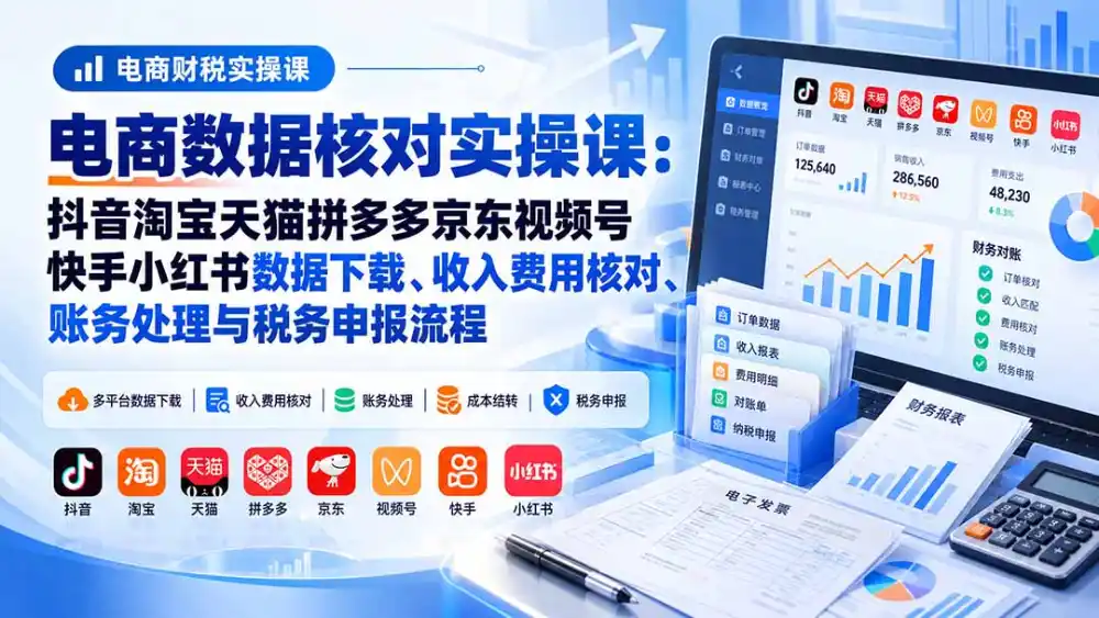 电商数据核账实操课：抖音淘宝天猫拼多多京东视频号快手小红书数据下载、收入费用核对、账务处理与税务申报流程-项目资源网