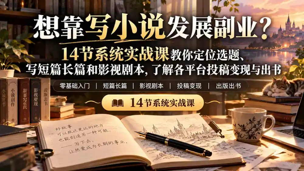 【无水印】想靠写小说发展副业？14节系统实战课教你定位选题、写短篇长篇和影视剧本，了解各平台投稿变现与出书-项目资源网