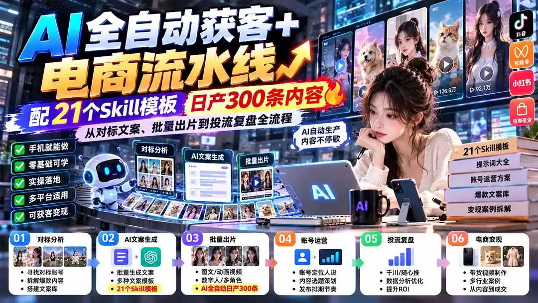 【无水印】AI全自动获客+电商流水线：配21个Skill模板，日产300条内容，从对标文案、批量出片到投流复盘全流程-项目资源网
