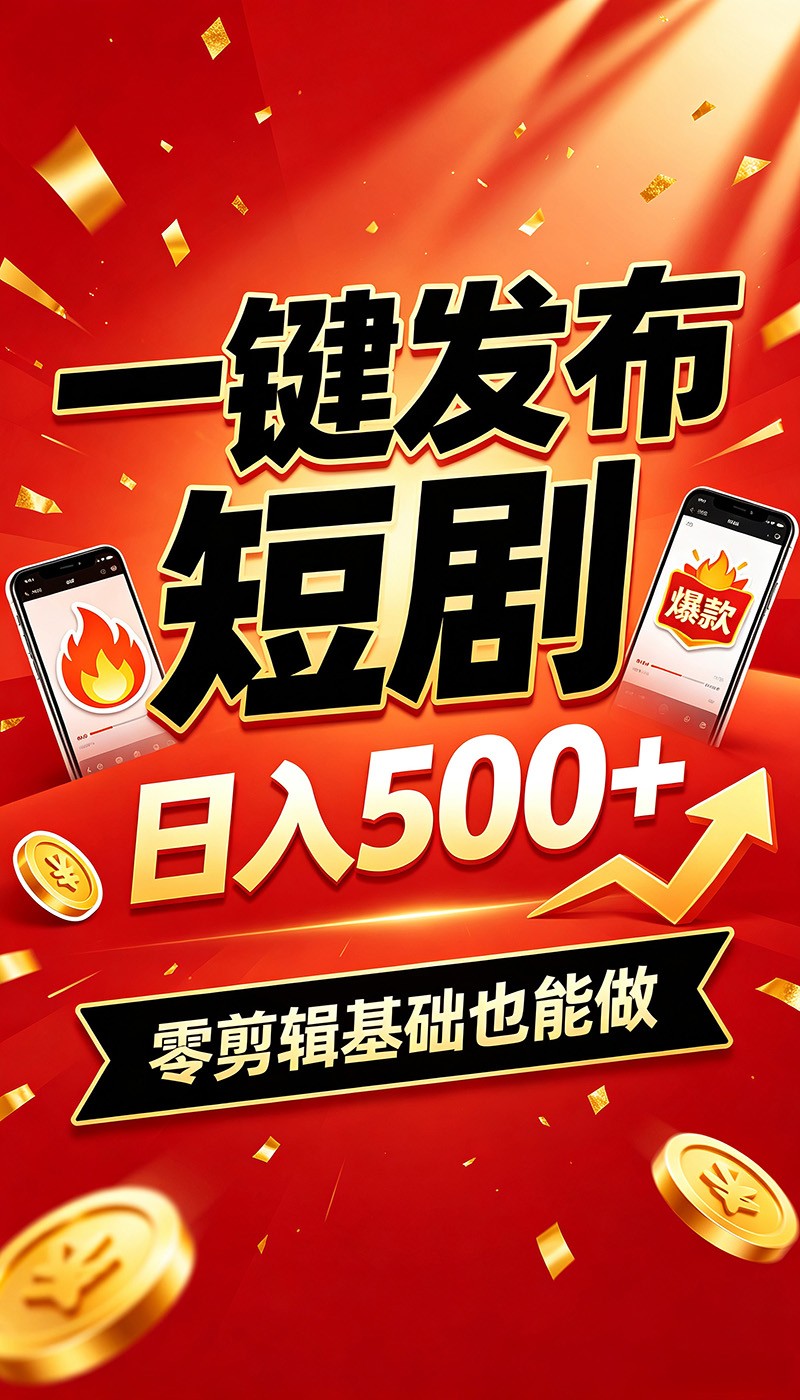 快手短剧一键发布，不用剪辑操作简单，副业日入500+。空闲时间轻松赚收益-项目资源网