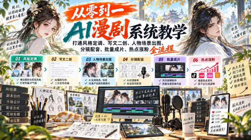 从零到一AI漫剧系统教学,打通风格定调、写文二创、人物场景出图、分镜配音、批量成片、热点涨粉全流程-项目资源网