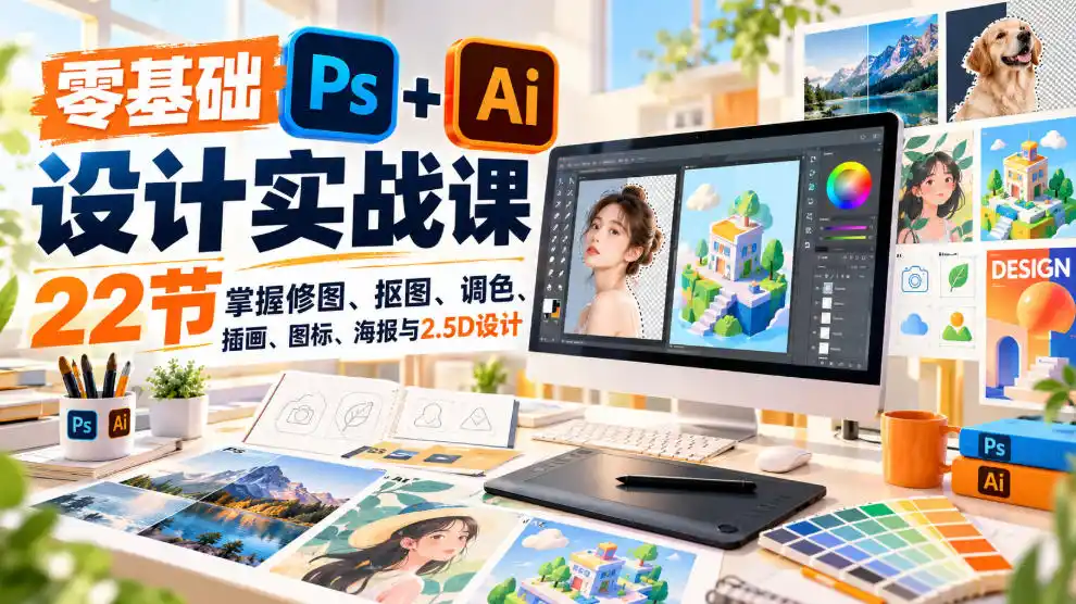【无水印】零基础PS+AI设计实战课|22节掌握修图、抠图、调色、插画、图标、海报与2.5D设计-项目资源网