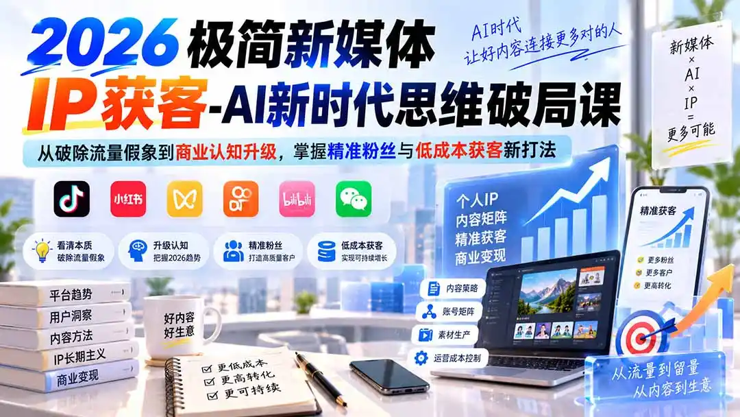 2026极简新媒体IP获客-AI新时代思维破局课：从破除流量假象到商业认知升级，掌握精准粉丝与低成本获客新打法-项目资源网