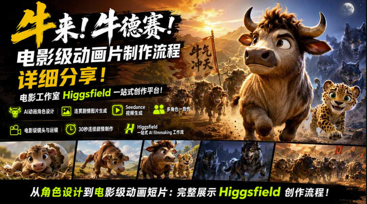 牛来!牛德赛!电影级动画片制作流程详细分享!电影工作室Higgsfield一站式创作平台,完整创作流程 牛来!牛德赛!电影级动画片制作流程详细分享!电影工作室Higgsfield一站式创作平台,完整创作流程