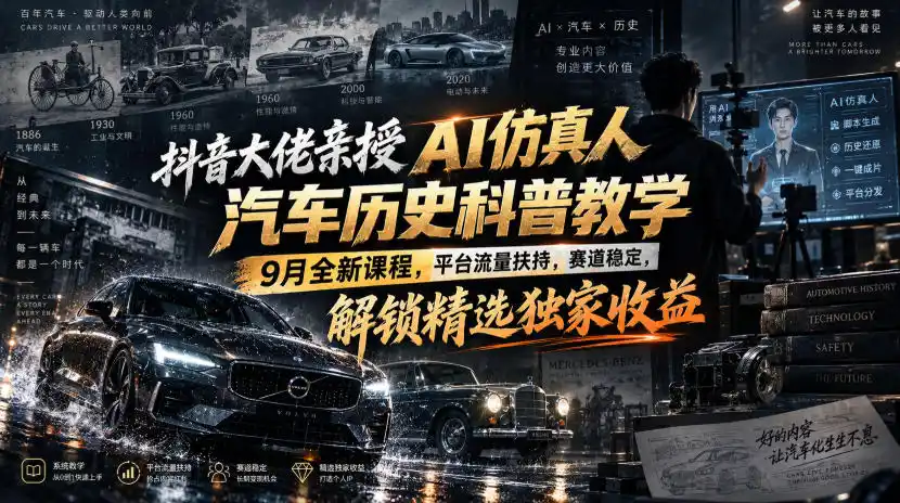 抖音大佬亲授AI仿真人汽车历史科普教学，9月全新课程，平台流量扶持，赛道稳定，解锁精选独家收益-项目资源网