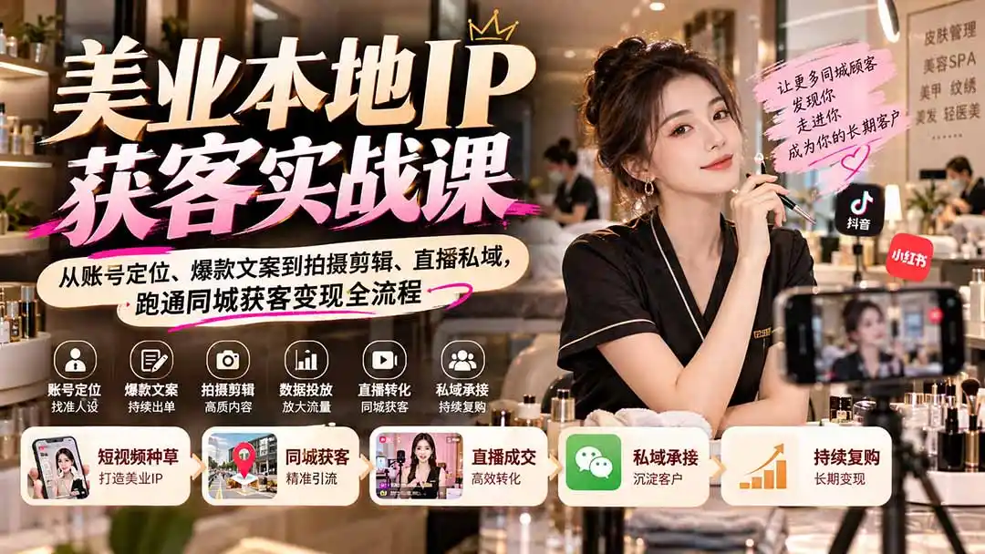 【无水印】美业本地IP获客实战课：从账号定位、爆款文案到拍摄剪辑、直播私域，跑通同城获客变现全流程-项目资源网