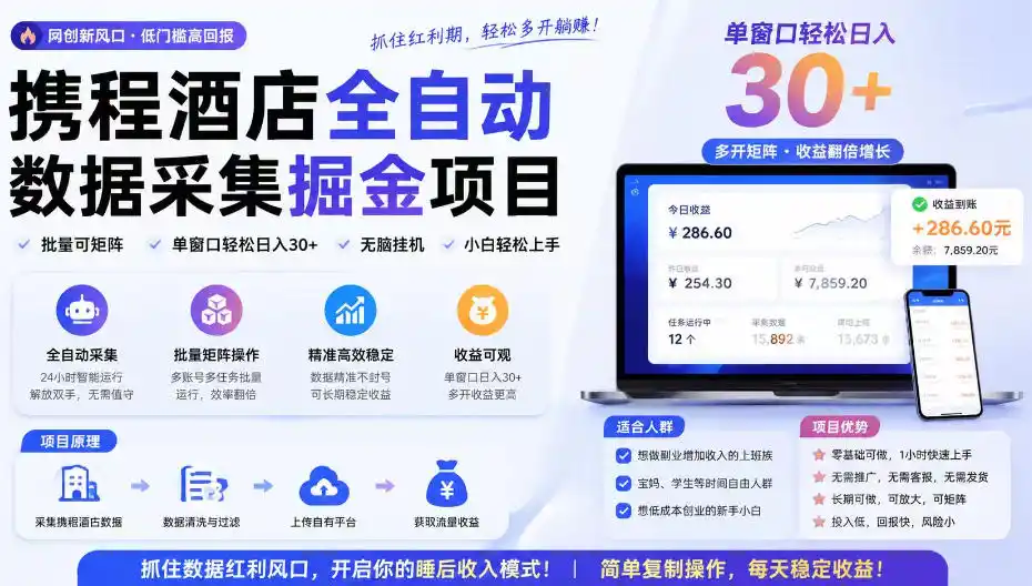 携程酒店采集挂G项目，批量可矩阵，单机轻松日入300+，开启你的睡后收入模式!【揭秘】-项目资源网