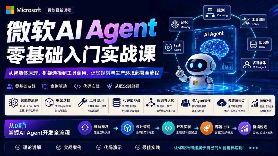 微软AI Agent零基础入门实战课：从智能体原理、框架选择到工具调用、记忆规划与生产环境部署全流程-项目资源网