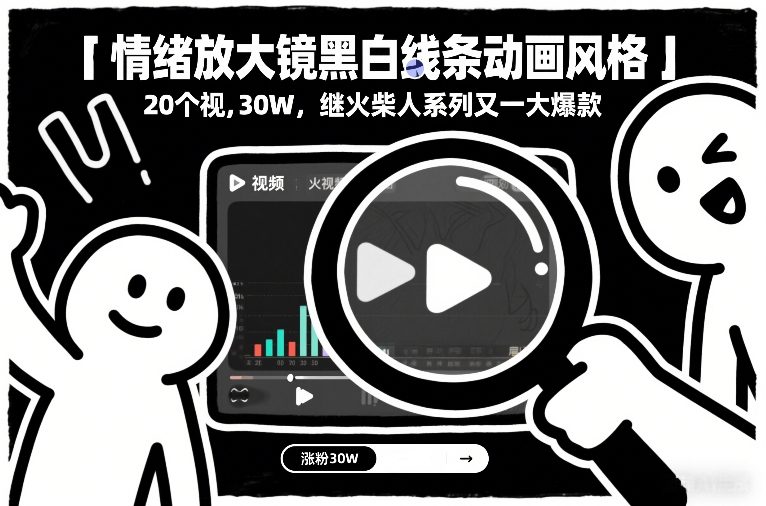 情绪放大镜黑白线条动画风格，20个视频，涨粉30W，继火柴人系列又一大爆款-项目资源网
