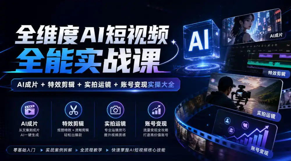 全维度AI短视频全能实战课,AI成片+特效剪辑+实拍运镜+账号变现实操大全-项目资源网