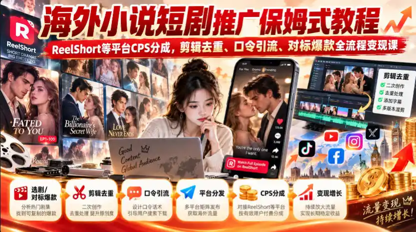 海外小说短剧推广保姆式教程|ReelShort等平台CPS分成,剪辑去重、口令引流、对标爆款全流程变现课-项目资源网