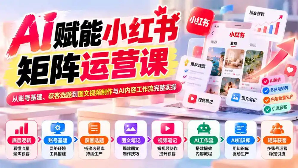 AI赋能小红书矩阵运营课:从账号基建、获客选题到图文视频制作与AI内容工作流完整实操-项目资源网